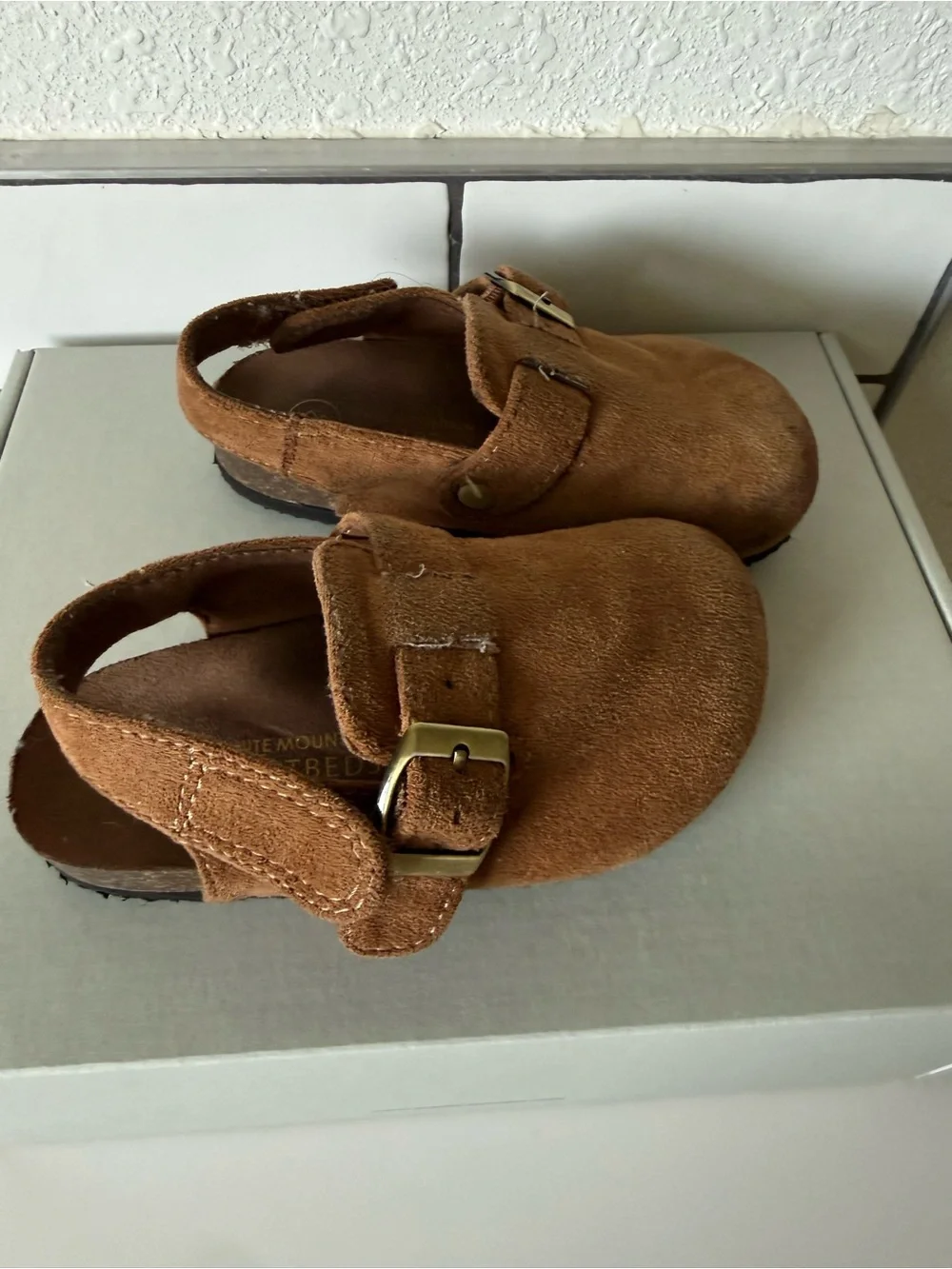 Kids Brown Suede Buckle Clog Sandals